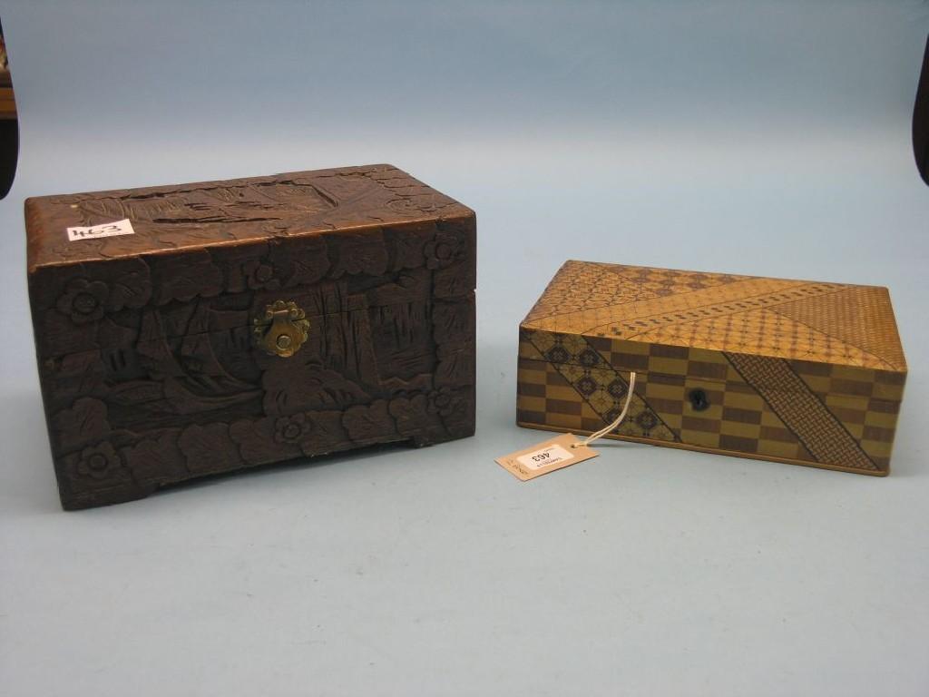 Appraisal: A Japanese inlaid wood box in and a Chinese carved