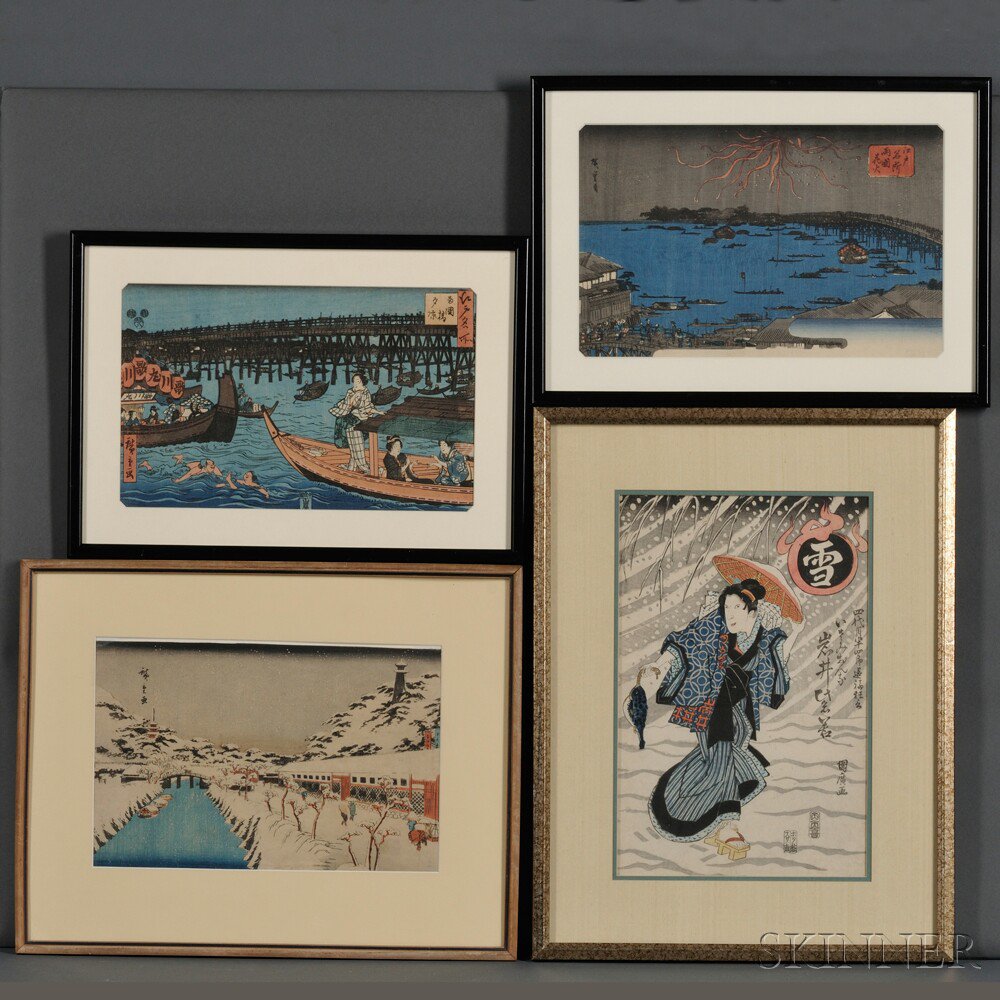 Appraisal: Four Color Woodblocks Japan three by Hiroshige - depicting a