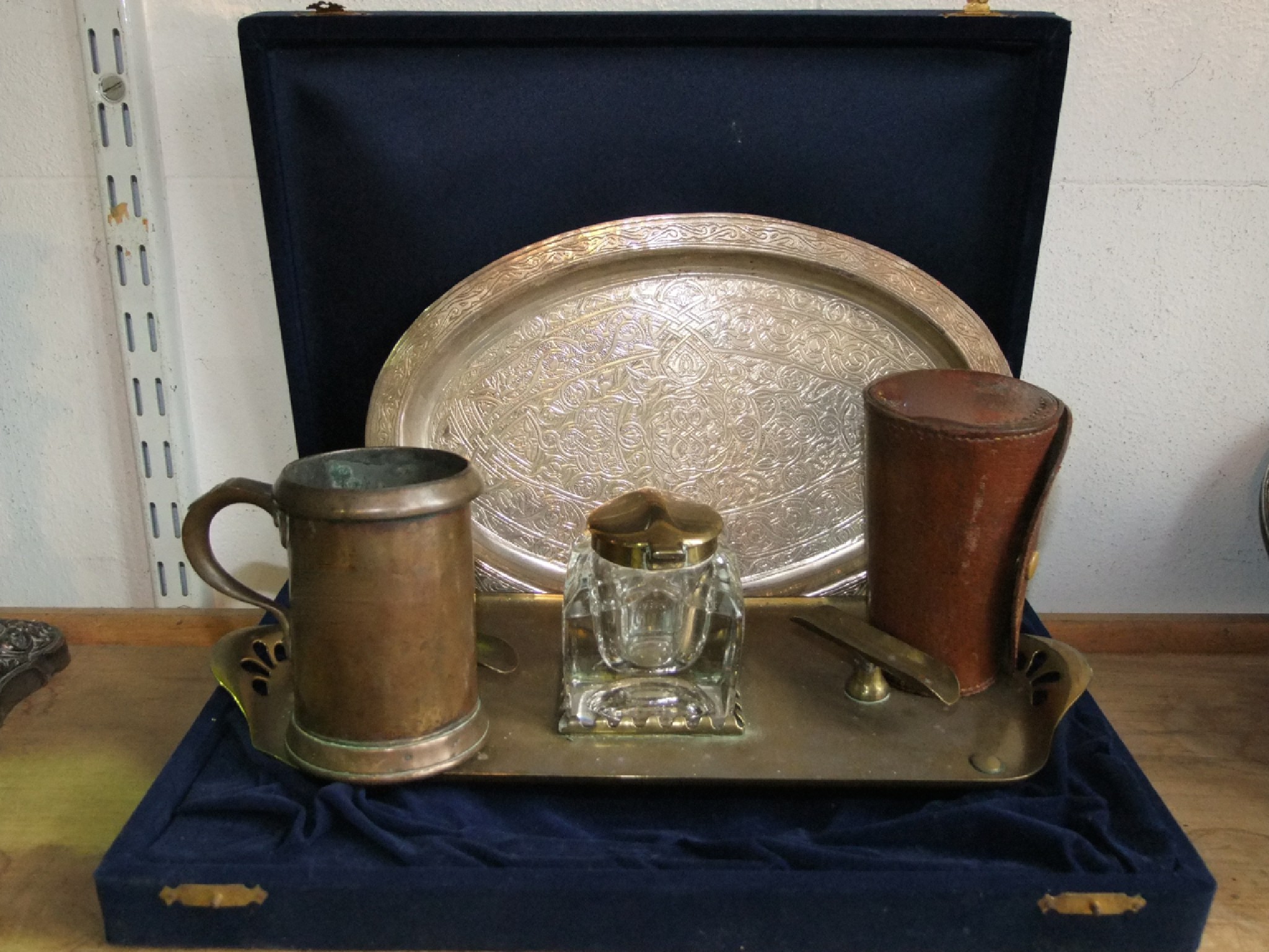 Appraisal: A cased Eastern white metal dish of oval form with