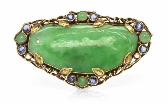 Appraisal: A Karat Yellow Gold Jade and Sapphire Pin containing a