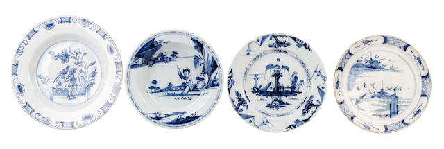 Appraisal: Three English Delftware small plates and a shallow bowl mid