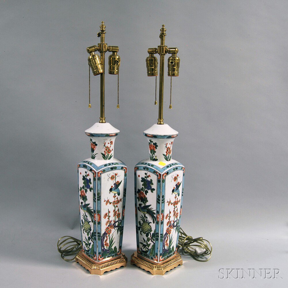 Appraisal: Pair of Asian-type Polychrome Porcelain and Gilt-metal Lamps th century