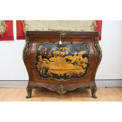 Appraisal: Impressive French Louis XV style marble topped marquetry bombe commode