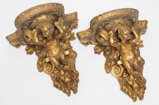 Appraisal: Italian Giltwood Wall Brackets Rococo Italian carved wood pair with