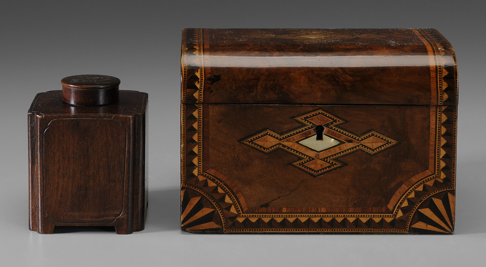 Appraisal: Two Tea Boxes th century one British burlwood with multiple