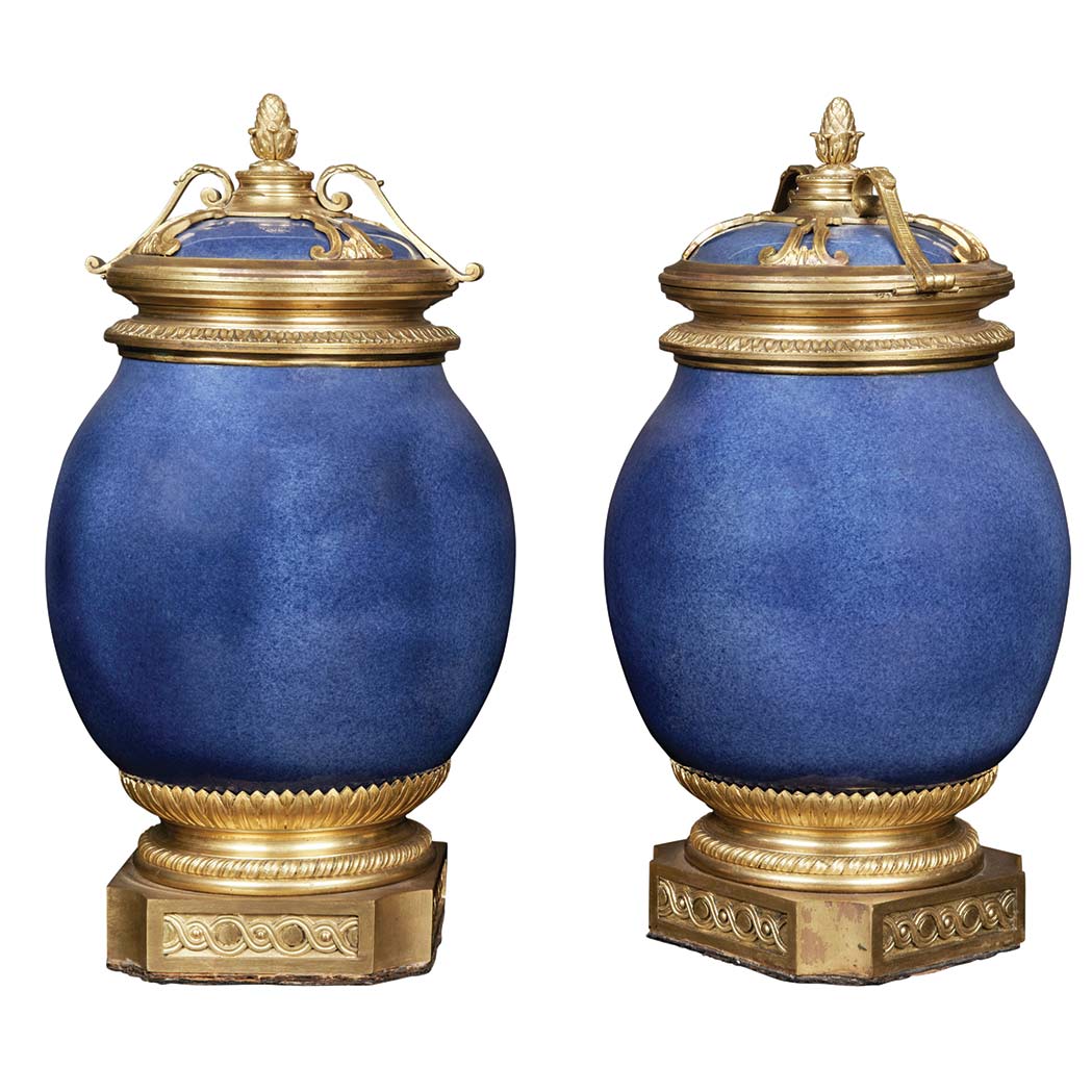 Appraisal: Pair of Regence Style Gilt-Bronze Mounted Powder Glazed Cobalt Porcelain