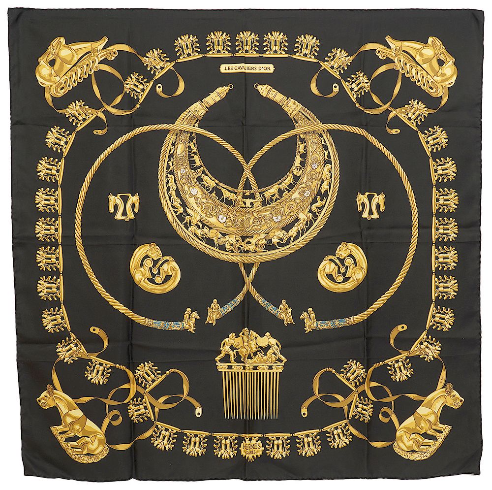 Appraisal: Hermes Les Cavalier d'Or Black Gold Silk Scarf Hermes Les