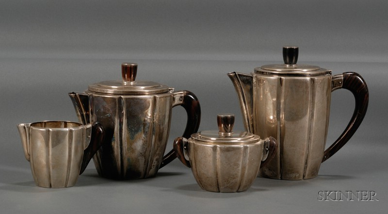 Appraisal: Four-Piece Coffee Tea Set Silver and wood th century Comprised