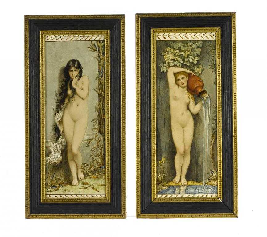 Appraisal: A PAIR OF AESTHETIC MOVEMENT TILES PAINTED AT MORTLOCK'S ORCHARD