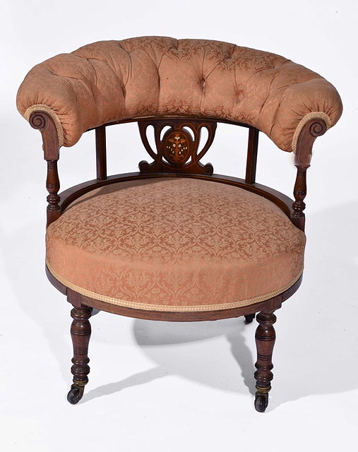 Appraisal: AN EDWARDIAN ROSEWOOD AND IVORY INLAID SMALL TUB ARMCHAIR with