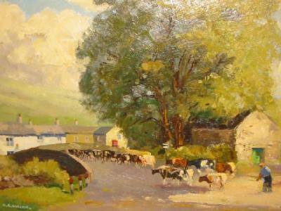 Appraisal: GORDON CLIFFORD BARLOW Dales Scene with Cattle Crossing a Bridge