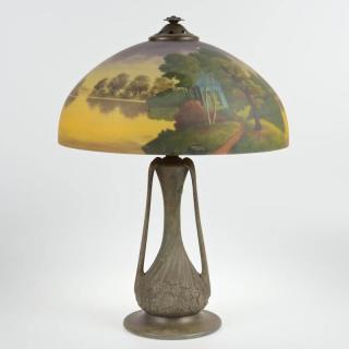 Appraisal: Jefferson reverse painted glass scenic shade lamp First quarter th