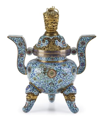 Appraisal: Chinese enamel and gilt-metal tripod censerlate qing dynasty