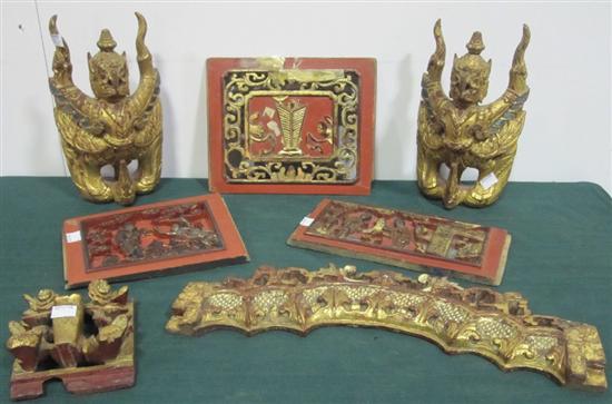 Appraisal: GROUP SEVEN ORIENTAL CARVED TEMPLE ORNAMENTS Three relief plaques red