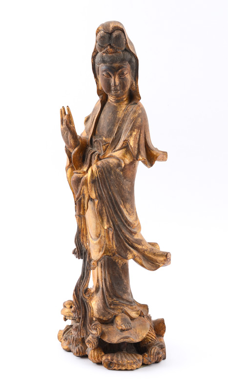 Appraisal: CHINESE CARVED GILT WOOD QUAN YIN FIGURE Figure of Quan