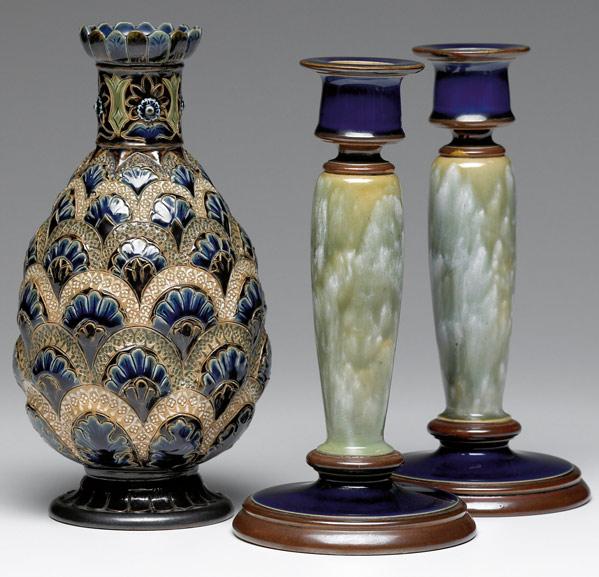 Appraisal: DOULTON LAMBETH Three stoneware items a vase carved by Frank