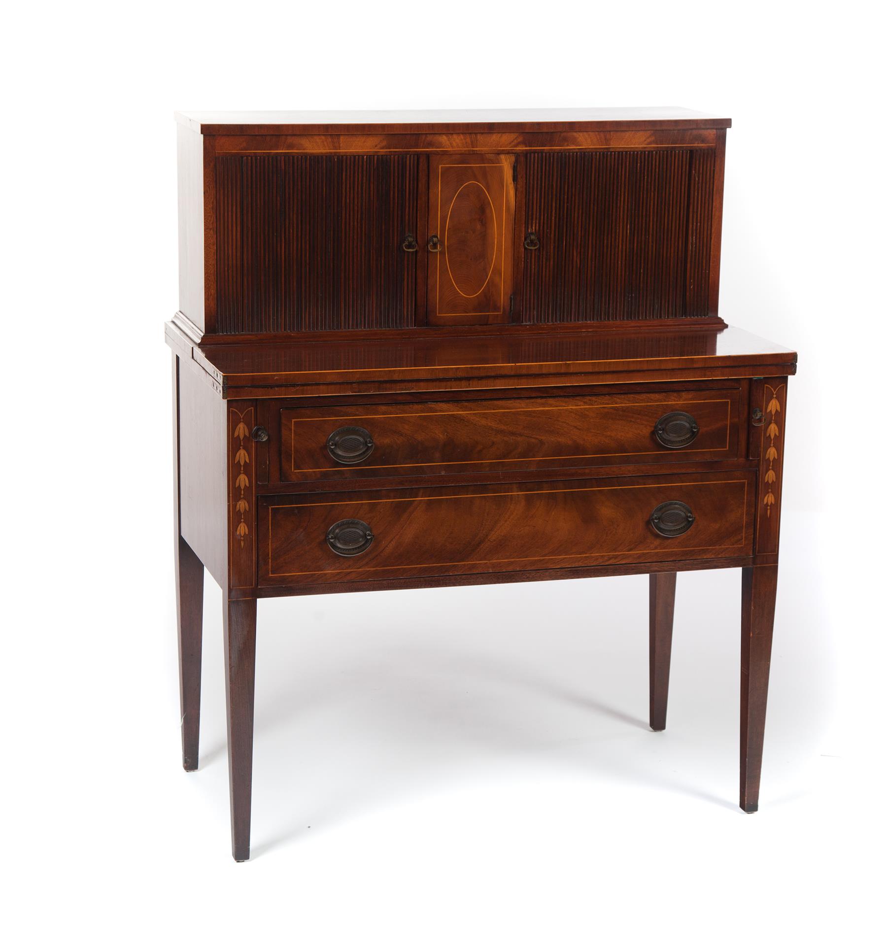 Appraisal: BAKER HEPPLEWHITE-STYLE TAMBOUR FRONT SECRETARY American mid th century mahogany