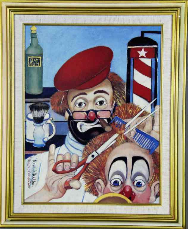 Appraisal: Red Skelton Oil Painting Over PrintDepicting a clown as a