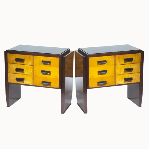 Appraisal: EUROPEAN ART DECO Pair of bookmatched nightstands in contrasting wood