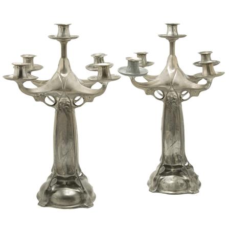 Appraisal: Pair of Kayserzinn Secessionist Pewter Five-Light Candelabra Estimate -