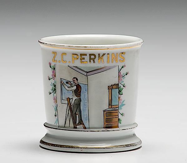 Appraisal: PAPER HANGER'S OCCUPATIONAL SHAVING MUG porcelain with polychrome painted scene