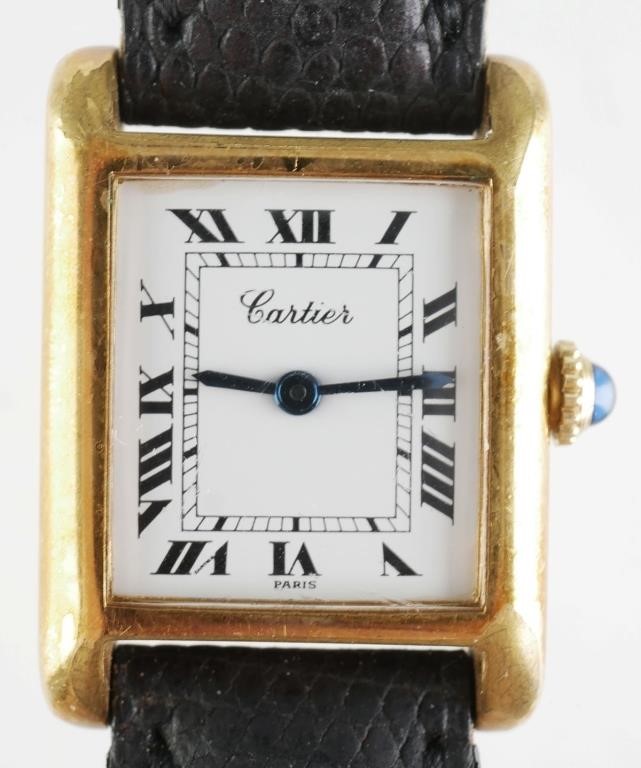 Appraisal: Cartier K yellow gold electroplated tank watch Blue cabochon crown