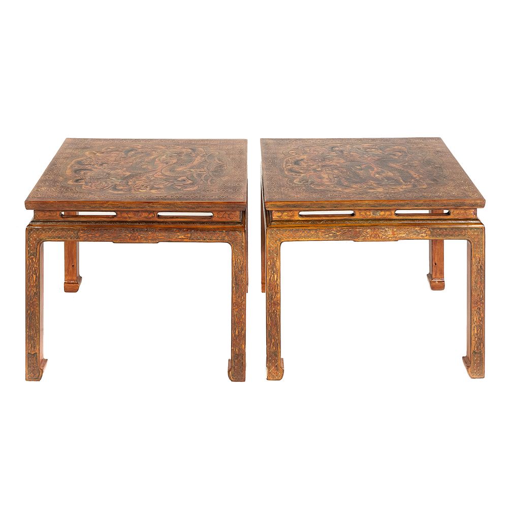 Appraisal: Pair of Chinese Pyrography Decorated Side Tables Circa - tops