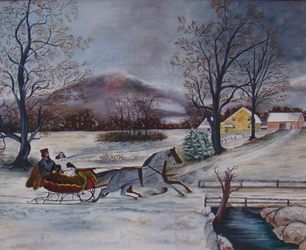 Appraisal: AMERICAN SCHOOL th CenturyWinter scene with horse-drawn sleigh and homes