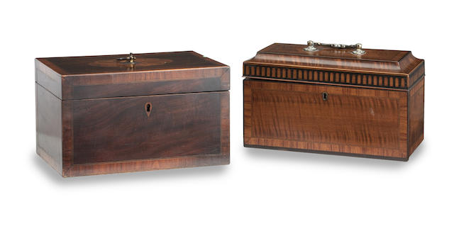 Appraisal: A Georgian Fiddleback-Mahogany Tea Caddy Of rectangular form the hinged