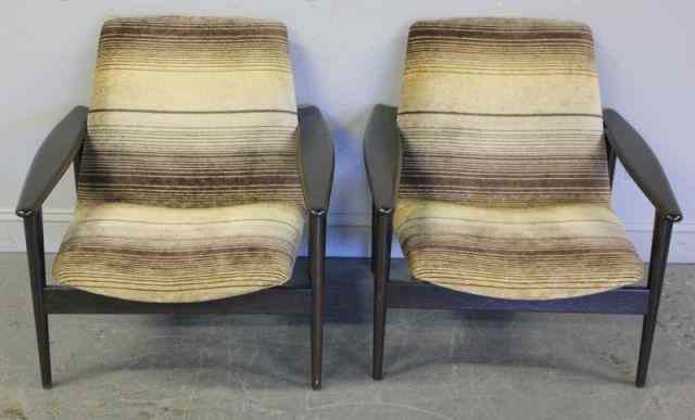 Appraisal: Pair of Midcentury Upholstered Black LacquerChairs With brown striped upholstery