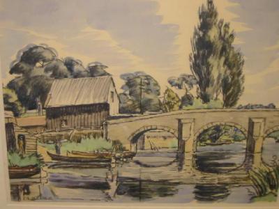 Appraisal: ETHELBERT WHITE River Scene with Bridge and Boats signed x