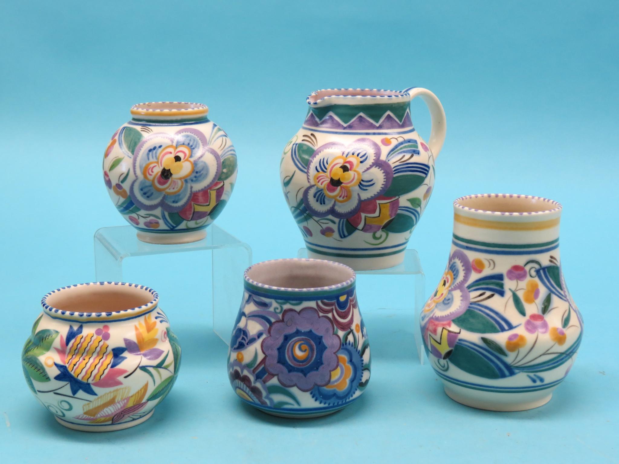 Appraisal: Five Poole pots 's stylised floral designs in bright enamels