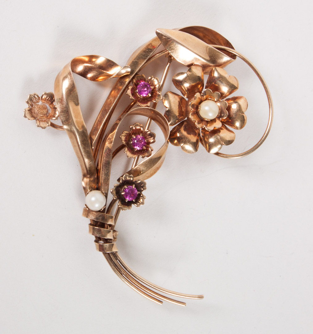 Appraisal: Lady's K rose gold ruby pearl brooch circa synthetic rubies