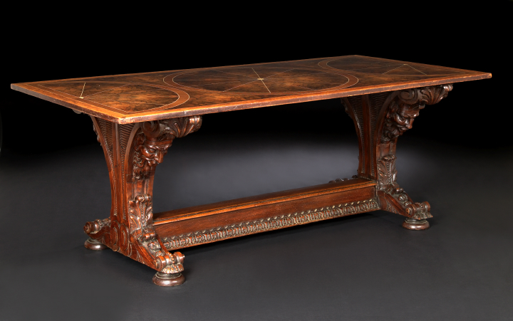 Appraisal: Good Large French Carved Mahogany and Bone-Inlaid Burlwood Trestle-Footed Library