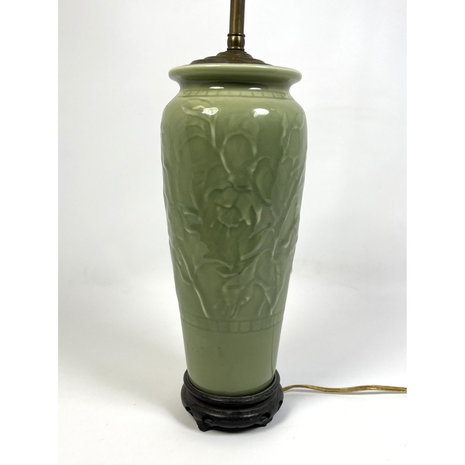 Appraisal: ROOKWOOD Carved Celadon Glazed Vase Form Pottery Table Lamp Relief