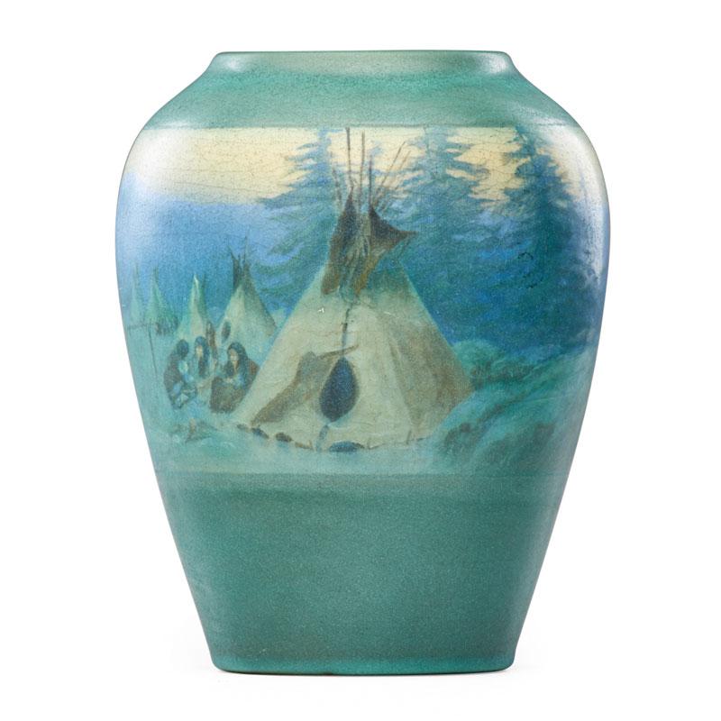 Appraisal: ED DIERS ROOKWOOD Banded Scenic Vellum vase Condition Report Crazed