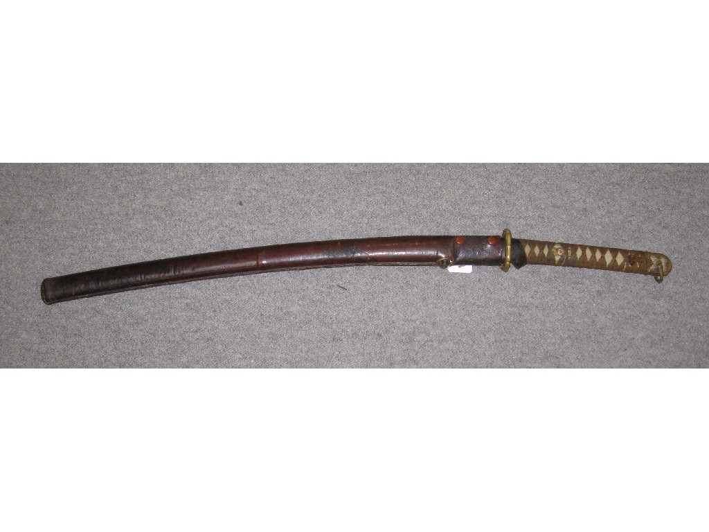 Appraisal: Japanese military sword in leather scabbard signed