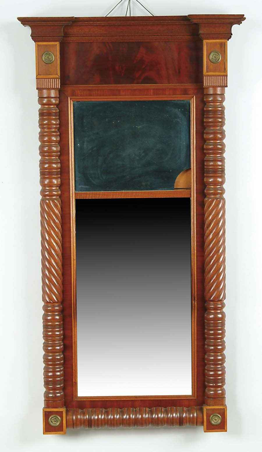 Appraisal: MAHOGANY TWO PART SPLIT COLUMN MIRROR Spiral and ring turned