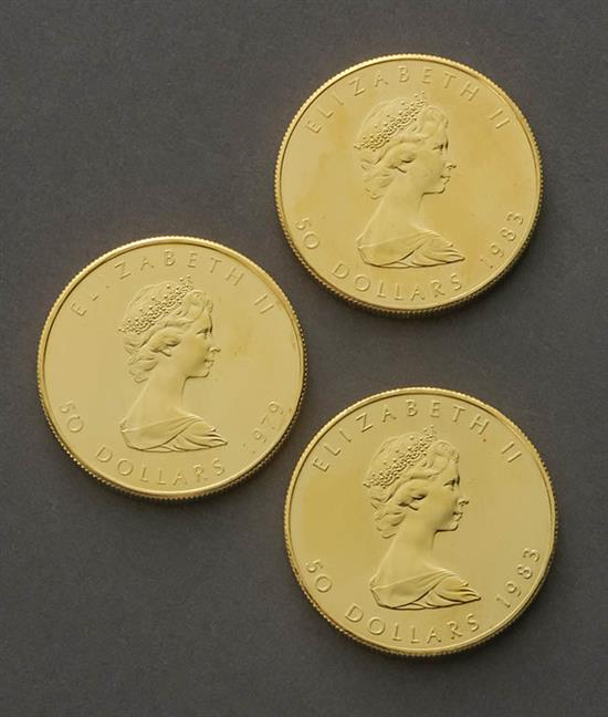 Appraisal: Three Canadian Maple Leaf Fifty-Dollar One-Ounce Gold Coins One dated