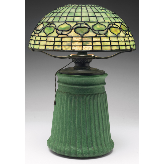 Appraisal: Tiffany Studios Wheatley Pottery lamp base with an overlapping leaf