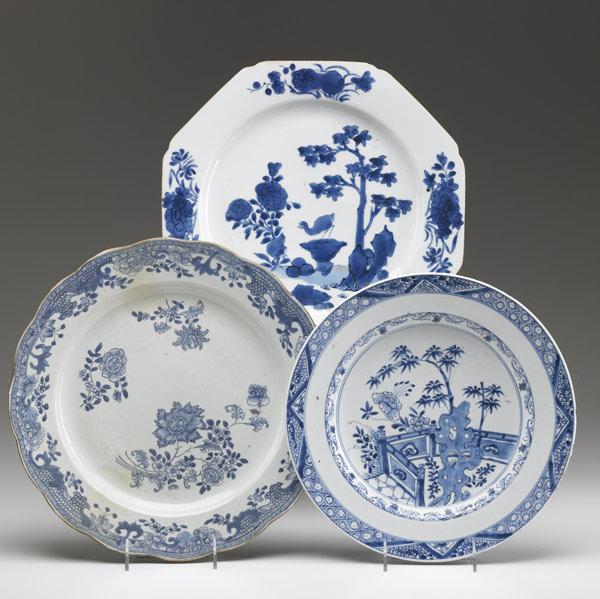 Appraisal: CHINESE EXPORT Three blue and white chargers all with floral