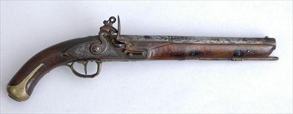 Appraisal: ENGLISH FLINTLOCK PISTOL With brass-mounted walnut stock and engraved steel