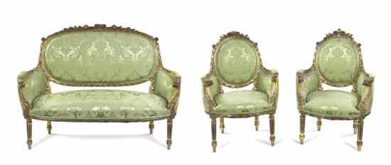 Appraisal: A Louis XVI Style Giltwood Parlor Suite comprising a settee