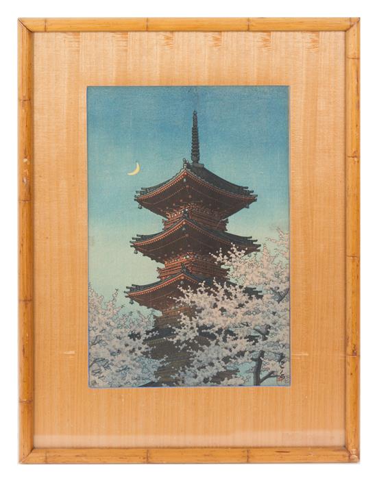 Appraisal: Sale Lot Hiroshi Yoshida - Pagoda color woodcut framed Height