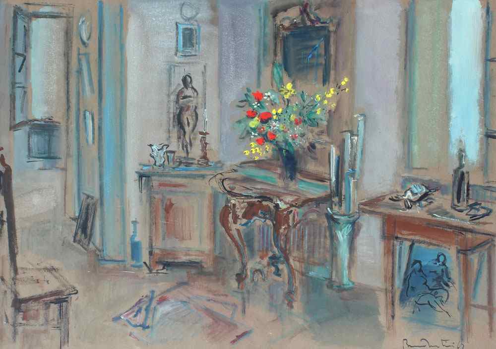 Appraisal: MARTINI Bruno French - ''Apartment Interior'' watercolor and gouache embossed