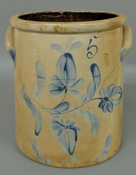 Appraisal: Five-gallon stoneware crock with applied handles and extensive blue floral