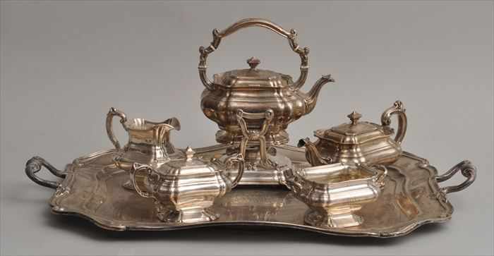 Appraisal: GORHAM MONOGRAMMED SILVER FIVE-PIECE TEA SERVICE AND MATCHING SILVER TWO-HANDLED