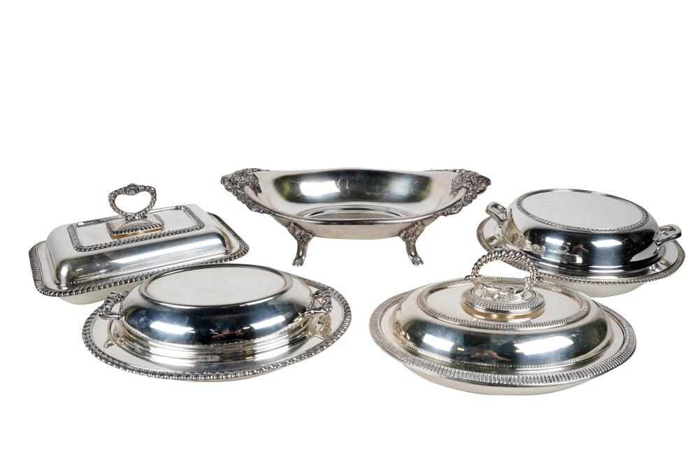 Appraisal: FIVE ASSORTED SILVERPLATE SERVING PIECEScomprising one round covered tureen one