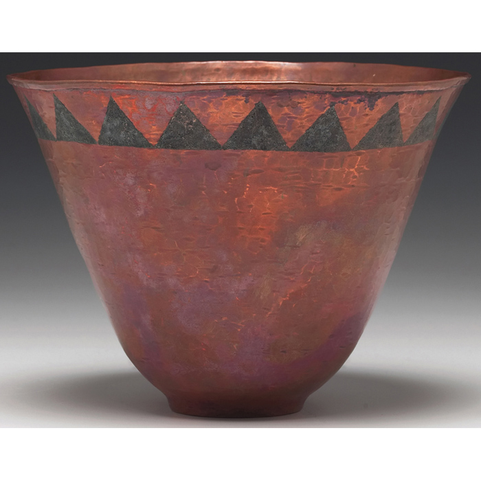 Appraisal: Linossier vase flaring shape in hammered copper with inlaid geometric