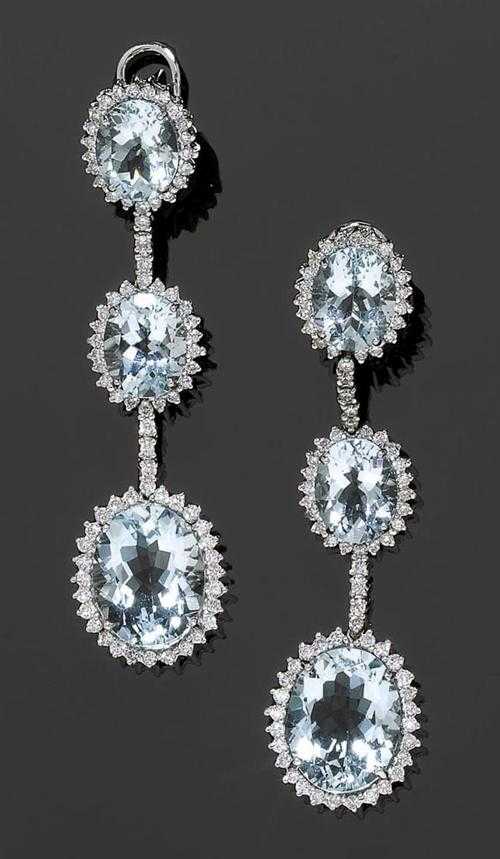 Appraisal: AQUAMARINE AND BRILLIANT-CUT DIAMOND EARRINGS White gold Elegant long clip